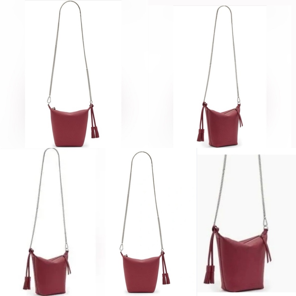 AllSaints Evaline Tassle Crossbody bag In Winter Orchid Red include dust bag